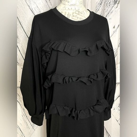 NWT Kosmios Dress Midi Ruffles Puffy Sleeves Black Oversized Small - Picture 3 of 8